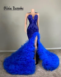 Fascinating Royal Blue O Neck Prom Dresses Black Girls Tulle Ruched Train Split Beaded Rhinestones African Wedding Customized