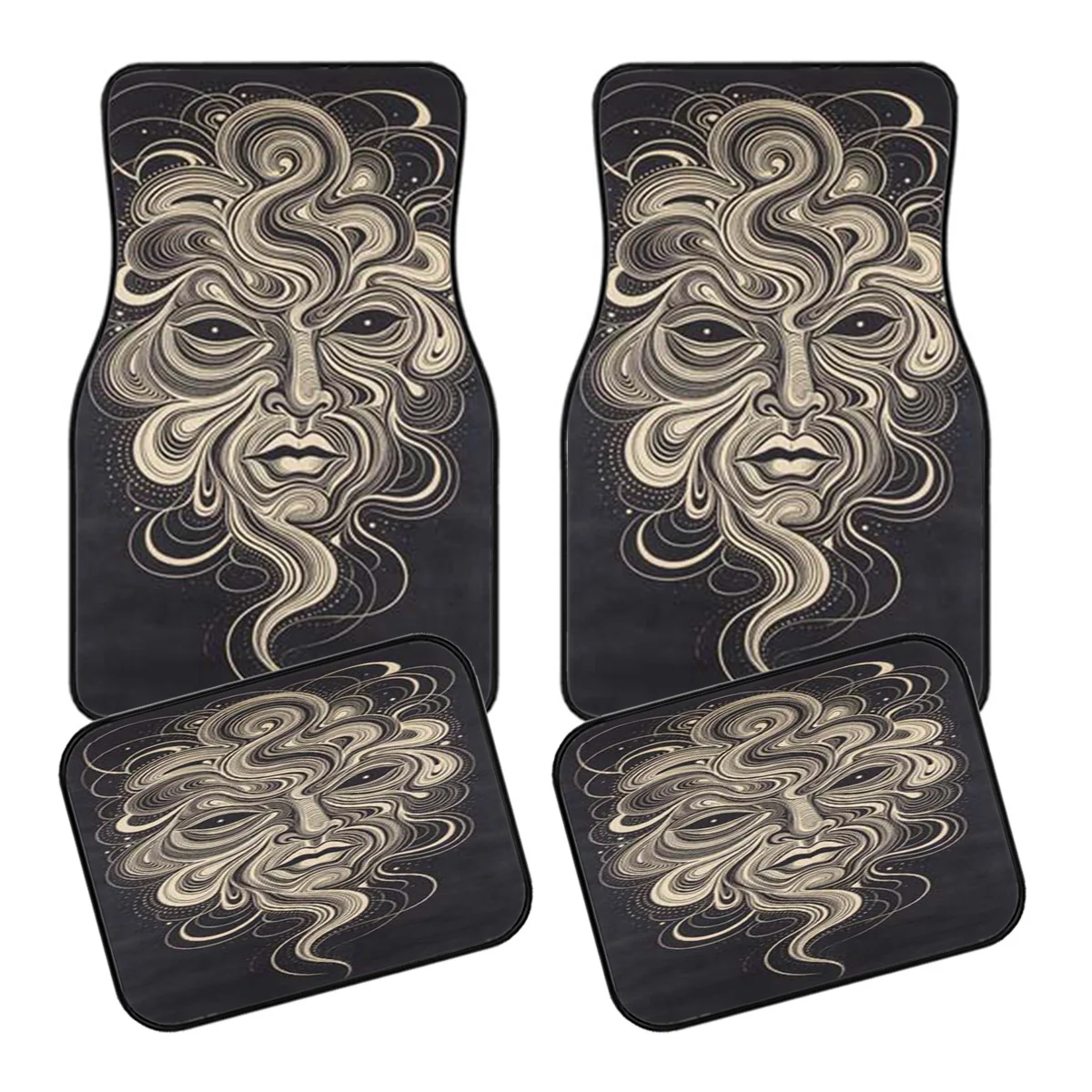 5pcs Car Floor Mats, Trunk Mats With Abstract Flowing Human Face Pattern, Beige Lines Outlining A Mysterious Face Car Floor Mats