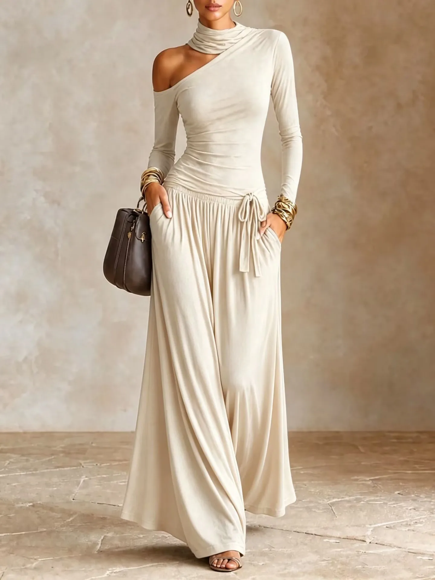 MsChuh Women's Casual Dresses Ropa Mujer Asymmetric Cold Shoulder Long Sleeve Drawstring Waist Loose Maxi Dress Casual Party Wea