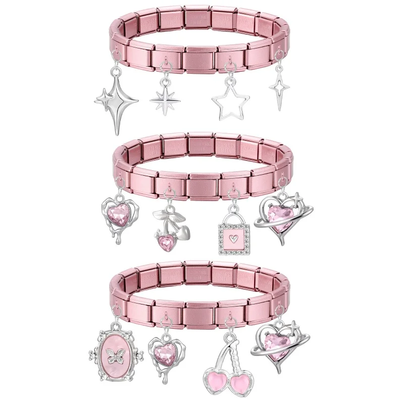 Wholesale Y2K Pink Bow Cat Cherry Pendant Italian Charm Links Fit 9MM Bracelet Stainless Steel Women Men DIY Making Jewelry Gift