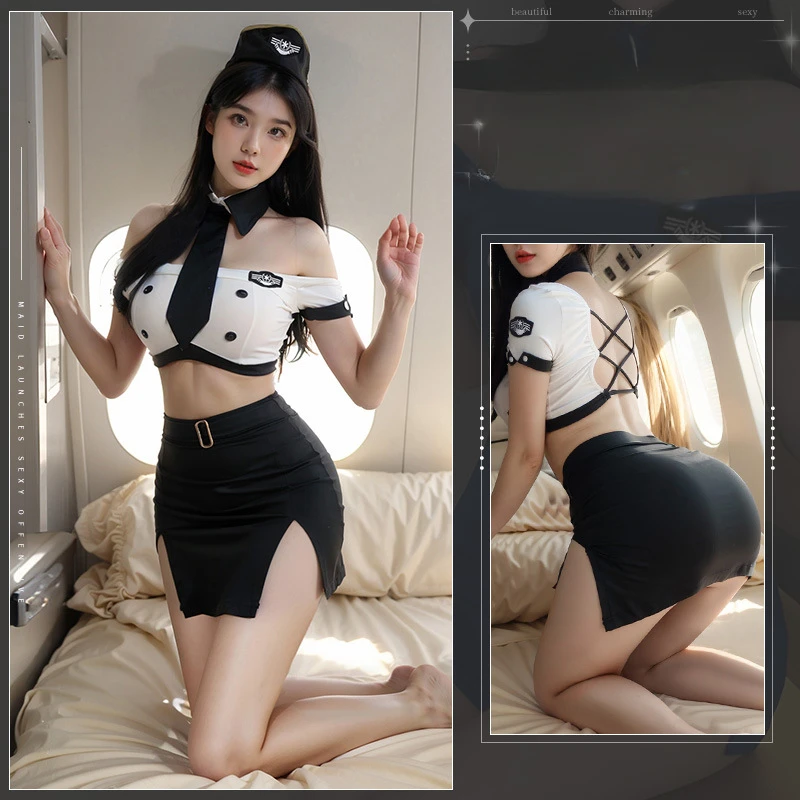 Sexy Costume Women Airline Stewardess Uniform Cosplay Flight Attendant Cute Wrap-around Skirt Erotic Lingerie