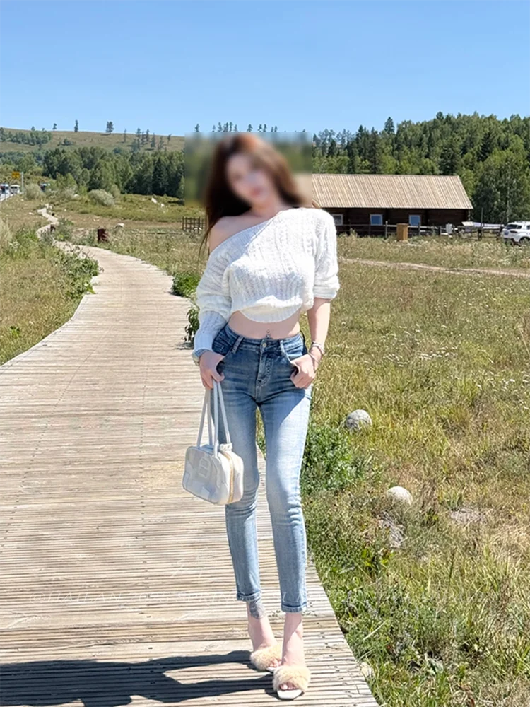 

High Waist Blue Denim Jeans Women's Slim Fit Nine Points Korean Sle Cotton Stretch Ladies Faion Winter Season