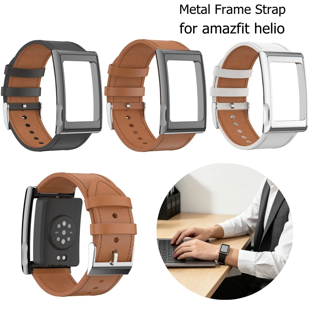 Leather Sport Band For Amazfit Helio Strap Metal Frame Replacement Wristband With Adjustable Quick Release Fitness Tracker Strap