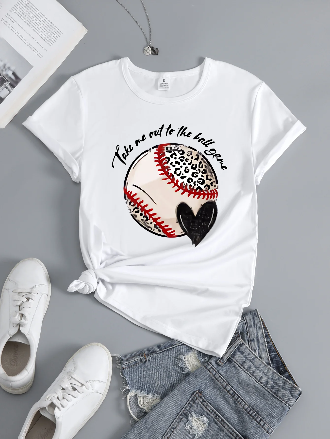 Baseball Graphic Short Sleeve Sports T-shirt, Round Neck Short Sleeves Running Workout Tops, Women\'s Activewear