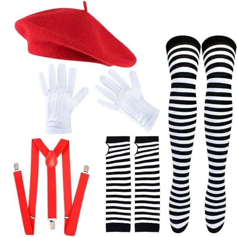 New Clown Costume Accessories,Parisian Style Beret Scarf Sunglasses Gloves for Women Halloween Carnival Party Fancy Dress Up