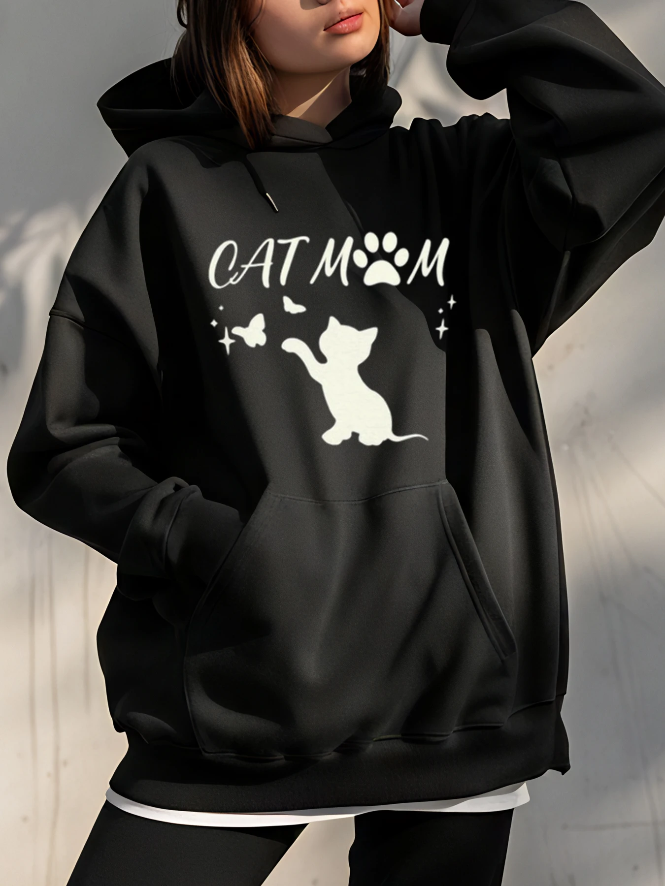 

Толстовка с капюшоном для мамы и кошки, женская повседневная толстовка с принтом кошки, осенне-зимняя верхняя одежда, женский модный пуловер, пальто