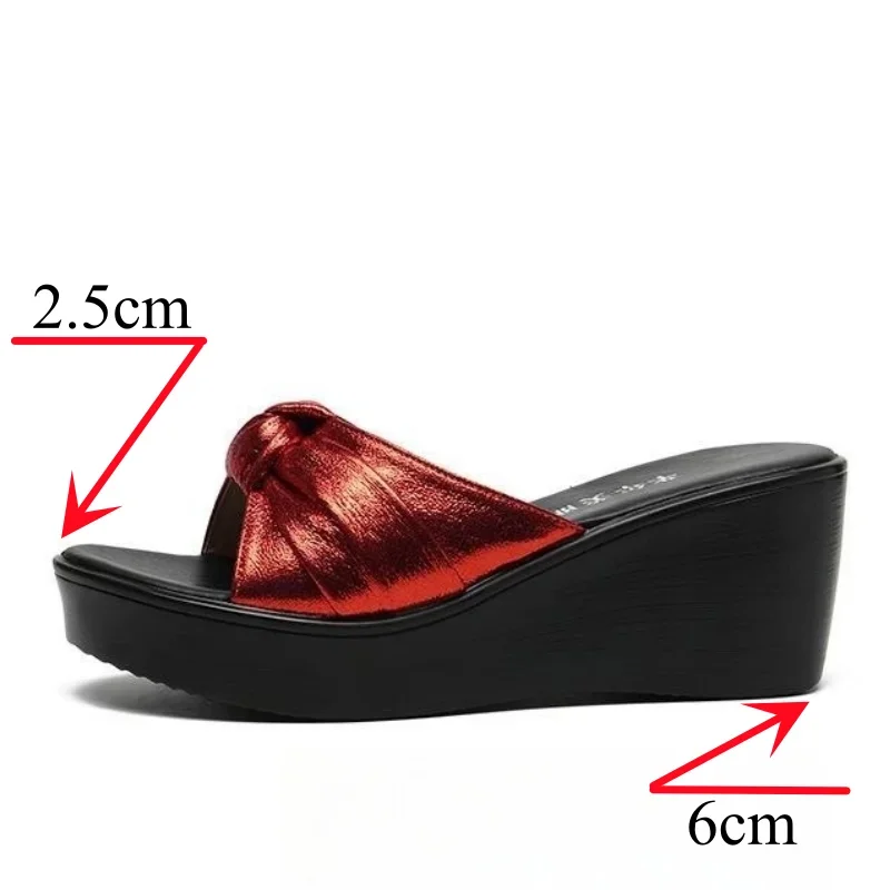 Small Size 32-43 Thick Sole Platform Shoes Sweet Bow Slippers Women Summer 2025 Comfortable Medium Heels Wedges Slides Beach