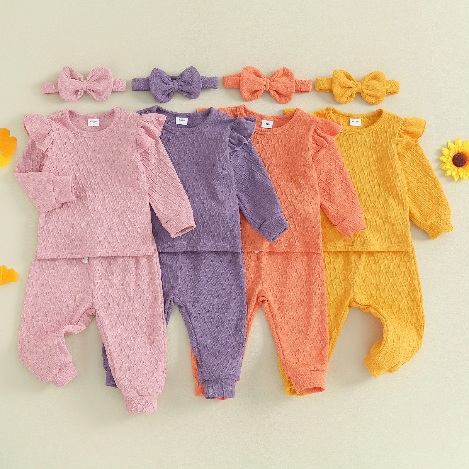 

Baby Girl Fall Spring Outfits Solid Color Crew Neck Long Sleeve Sweatshirts Tops Long Pants Headband 3Pcs Girls Clothes Set