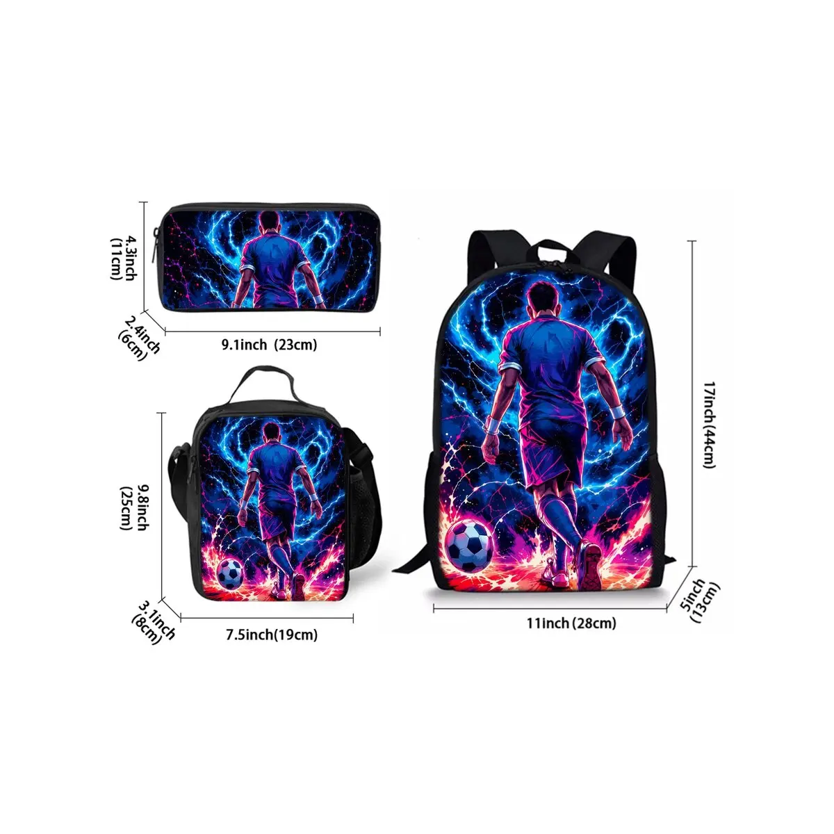 Football Print Three Piece Backpacks Set for Boy and Girls Best Gifts 2D Flat Cartoon School Bag for Children