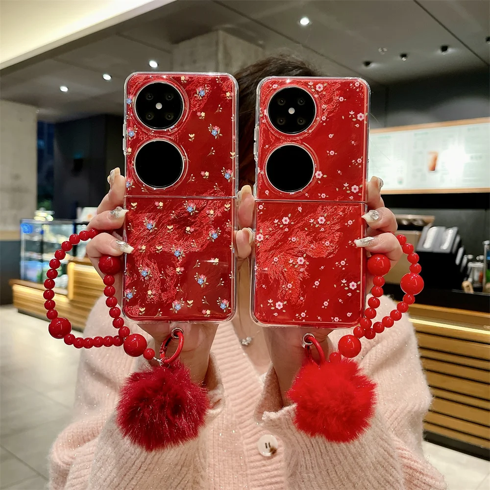 

Red Flowers Phone Case For HuaWei P50 Pocket 2 Bracelet Hairball PC Hard Shell Protective Back Cover