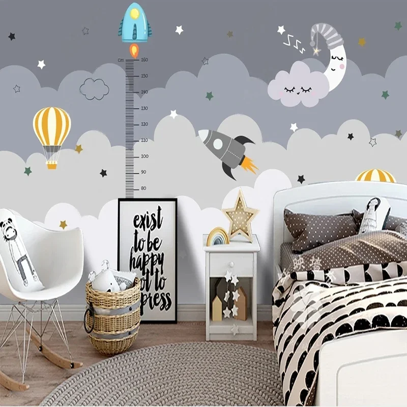 

Custom Mural 3D Wallpaper Modern Minimalist Cartoon Rocket Space Height Ruler Children's Room Background Wall Papel De Parede