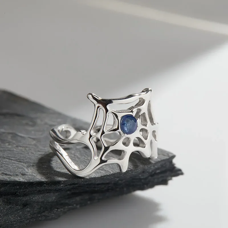 925 sterling silver natural garnet transparent sapphire colored treasure ring female personality exaggerated spider web live