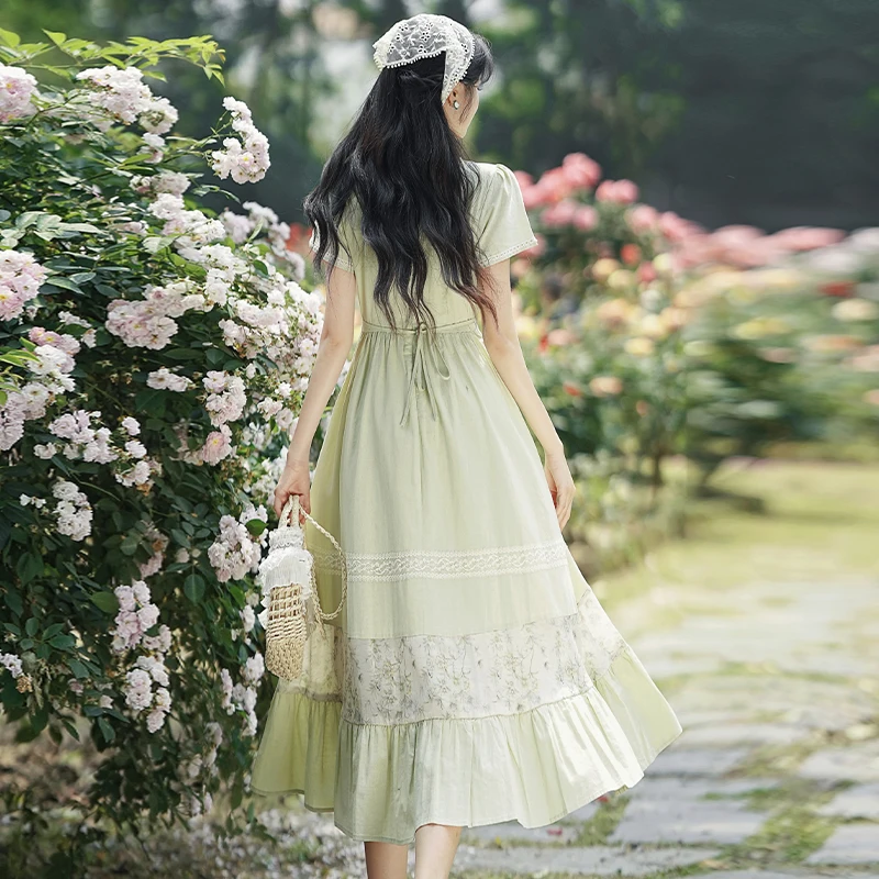 French Style Medieval Cottage Woman Dress Summer Vintage Prairie Colony  Green Countryside Floral Lawn Dresses Costume Halloween - AliExpress  200000345