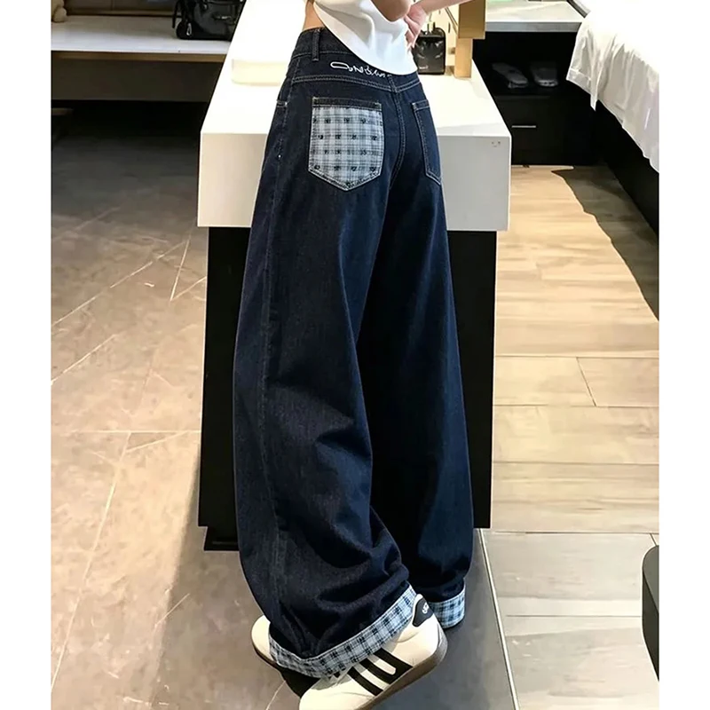 Women Y2K Baggy Jeans Contrast Plaid Pocket Cuffed Hem Wide Leg Denim Pants Loose Fit Casual Retro Streetwear Trousers