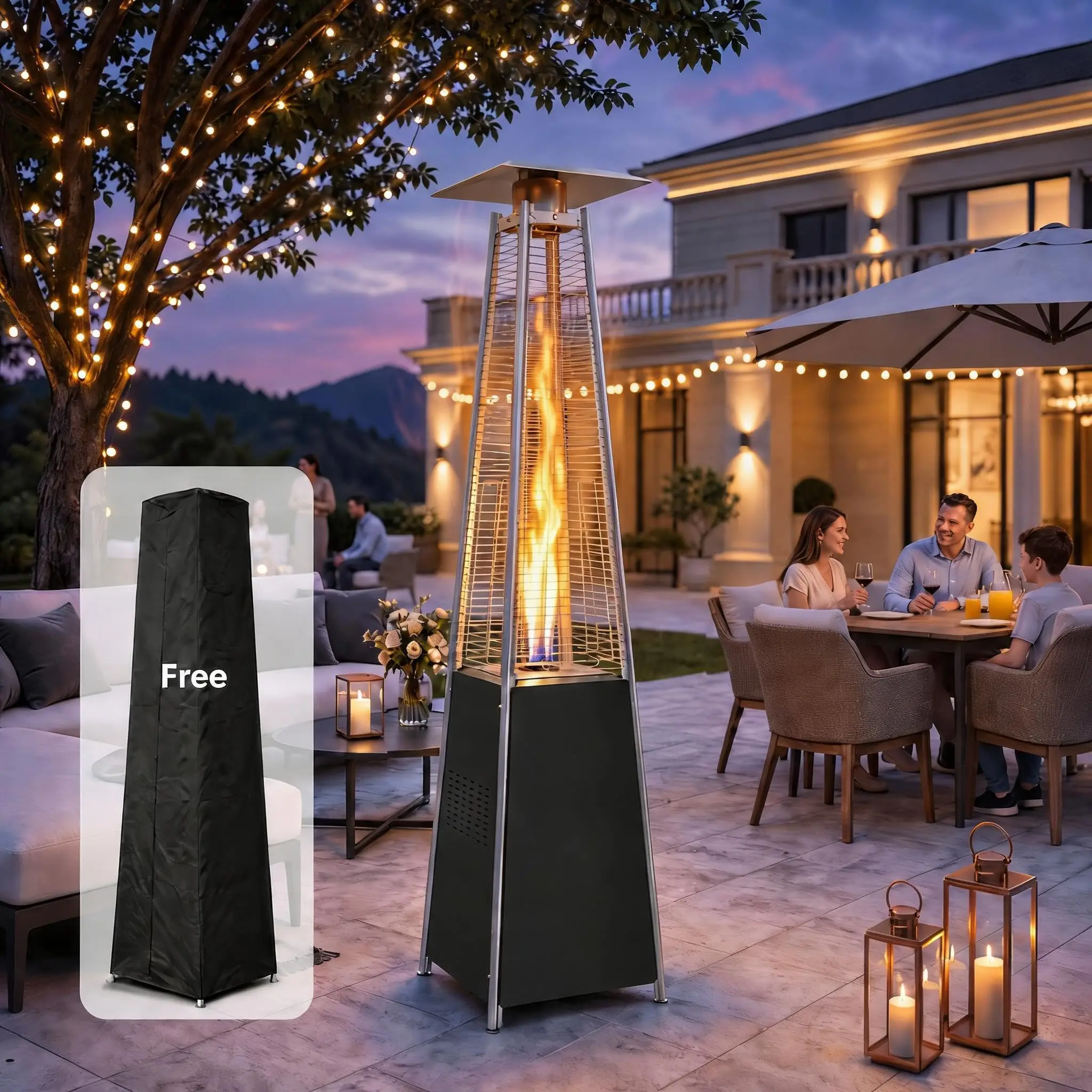 48,000 BTU Pyramid Propane Outdoor Patio Heater, Freestanding Gas Heater with Glass Tube Flame, Wheels, Battery Ignition & Waterproof Cover for Deck, Porch, Backyard
