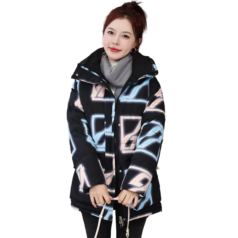 

Thickened Down Cotton Jacket For Womens 2023 New Fashion Casual Winter Jackets Product Printed Long Hooded Parkas Outerwear