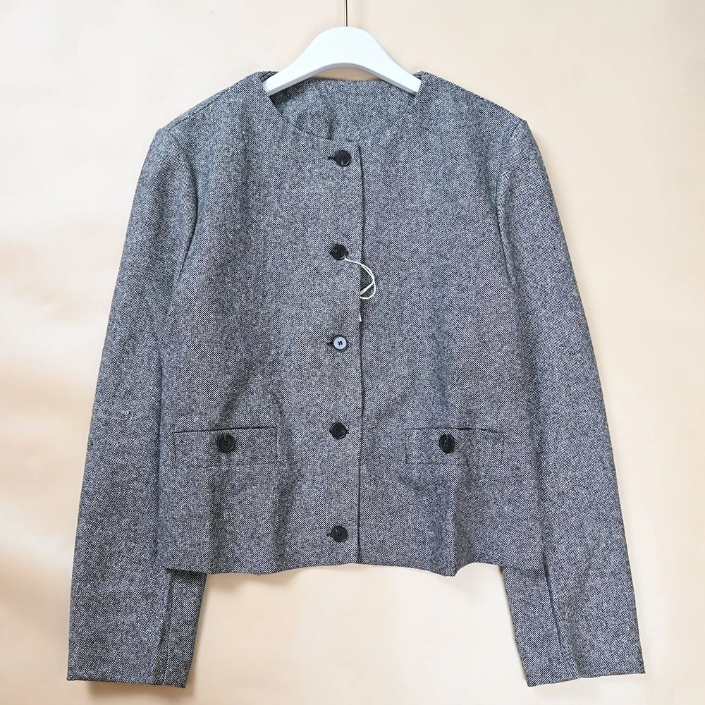 Spring New Style Loose Straight Cut Woolen Jacket Single Button round Neck Coat for Women Commute Outerwear Mixed Color