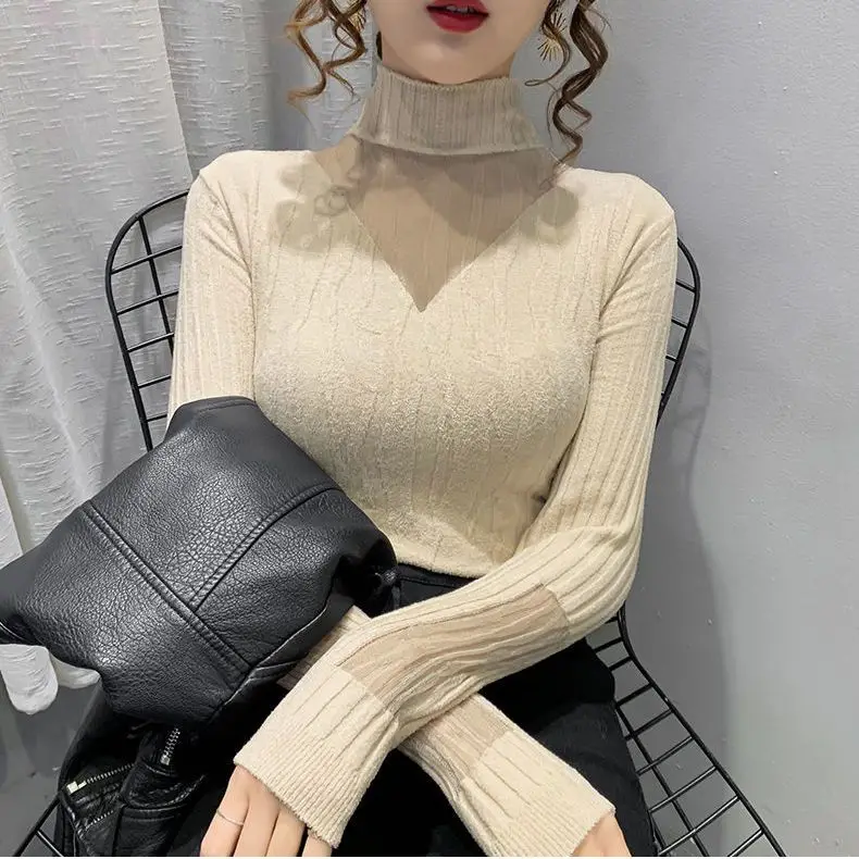 Mesh Splicing Knitted Sweater 2026 Spring Autumn Women's Elastic Slim Turtleneck Long Sleeve Sweater Office Lady Elegant Shirt 3