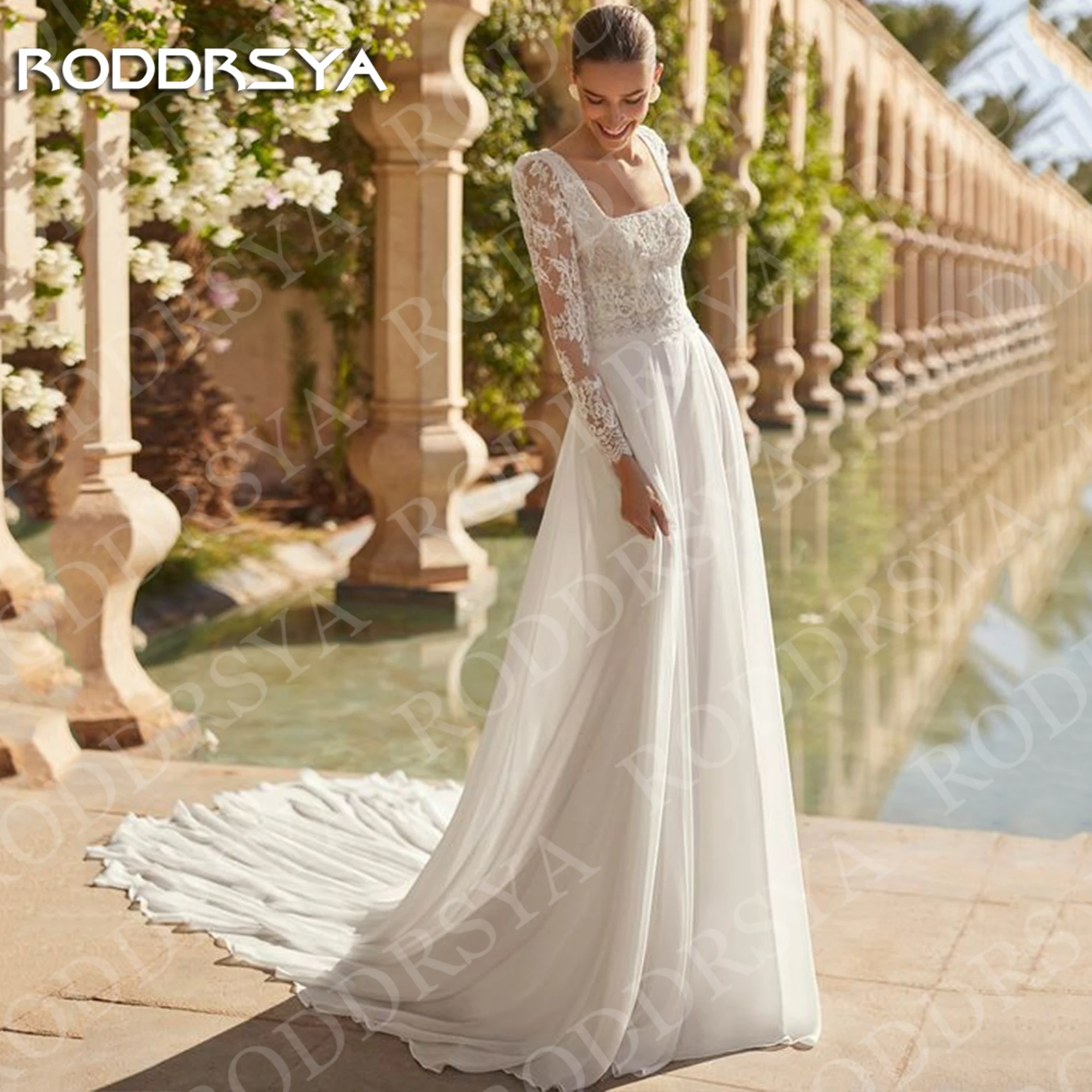 RODDRSYA Square Neck Long Sleeve Wedding Dress Woman Romantic Boho Beach Chiffon A Line Lace Appliques Bridal Dresses Customized