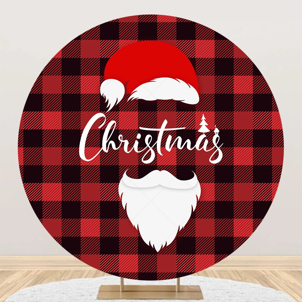 Round Christmas Backdrop Custom Xmas Tree Elk Santa Claus Gift Family Party Decoration Black Red Circle Photography Backgrounds