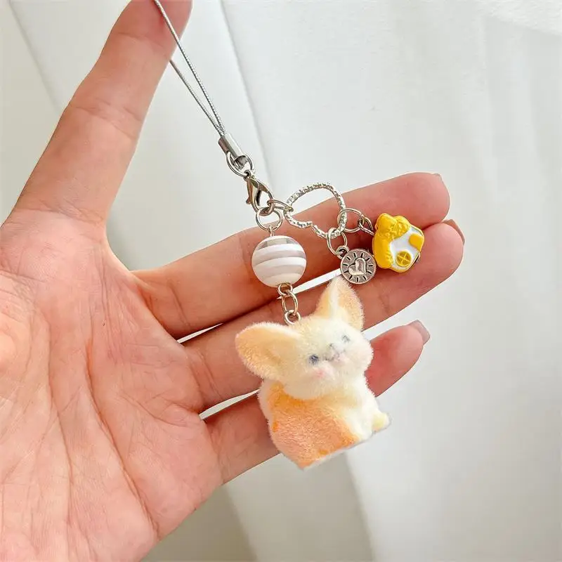 Lovely Animal Flocking Broad-eared Fox Keychain Pendant Backpack Ornament Bag Lanyard Phone Chain Girl Gift Keyring
