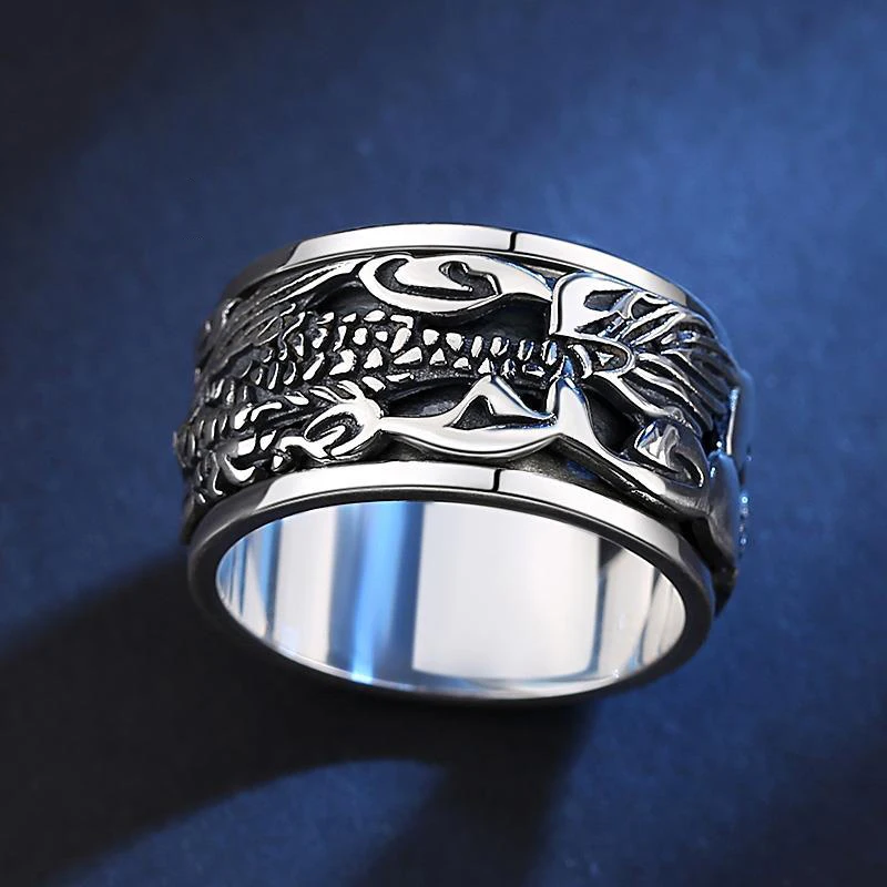 Original design Thai silver carved dragon men's ring retro domineering rotatable business style light luxury jewelry