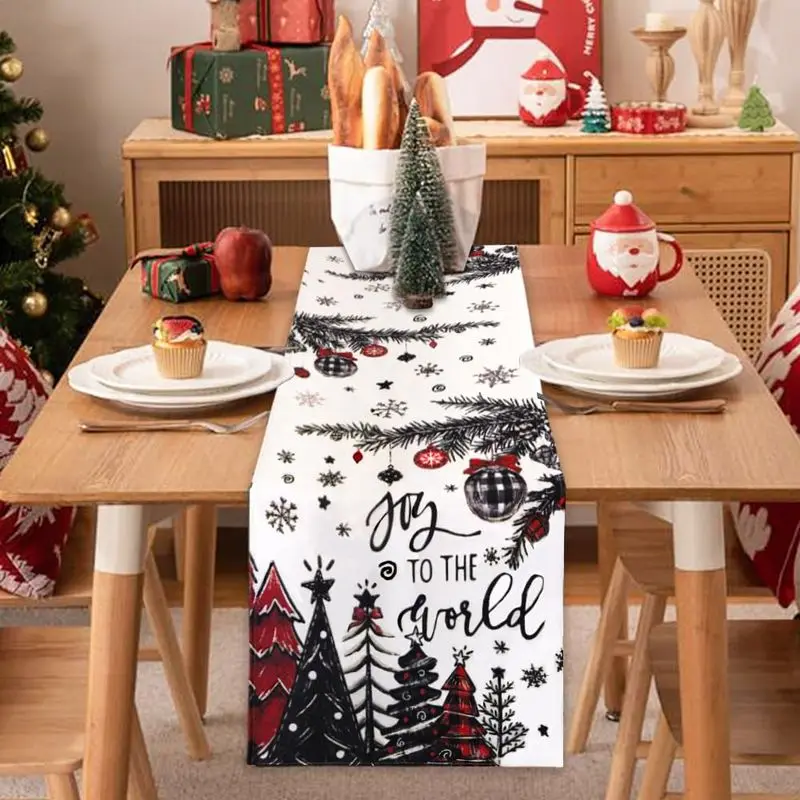 VIKAMA Christmas Table Runner Joy To The World Xmas Tree Snowflake Ornaments Dining Table Home Winter Holiday Party Decor