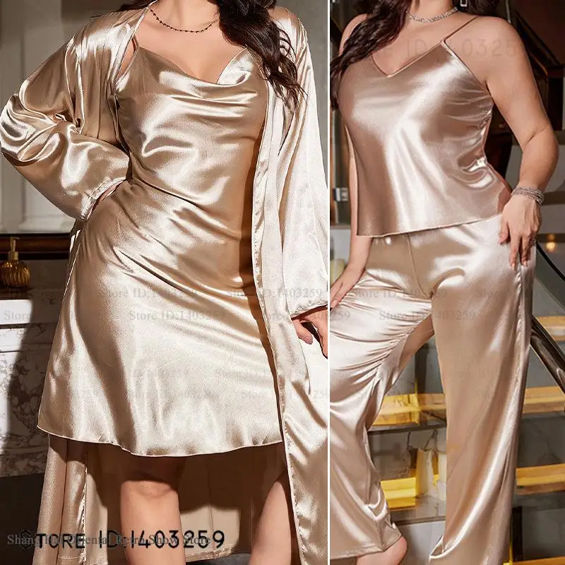 

Женский пижамный комплект большого размера из 4 предметов, длинный халат, кимоно, халат, свободная одежда для сна из ледяного шелка, домашняя одежда, сексуальное женское белье, домашняя одежда, пижама