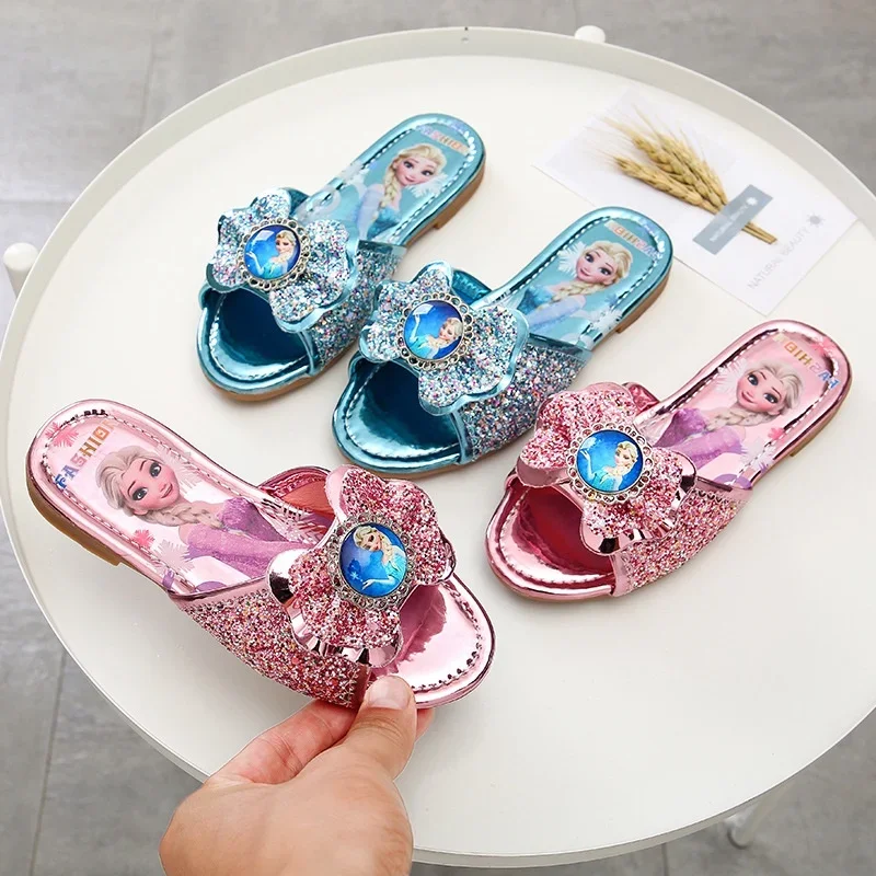 Children\'s Slipper for Girls Summer Princess Open-toe Flat Slippers Fashion Sequins Bowtie Fashion Causal Kids Frozen Elsa Soft