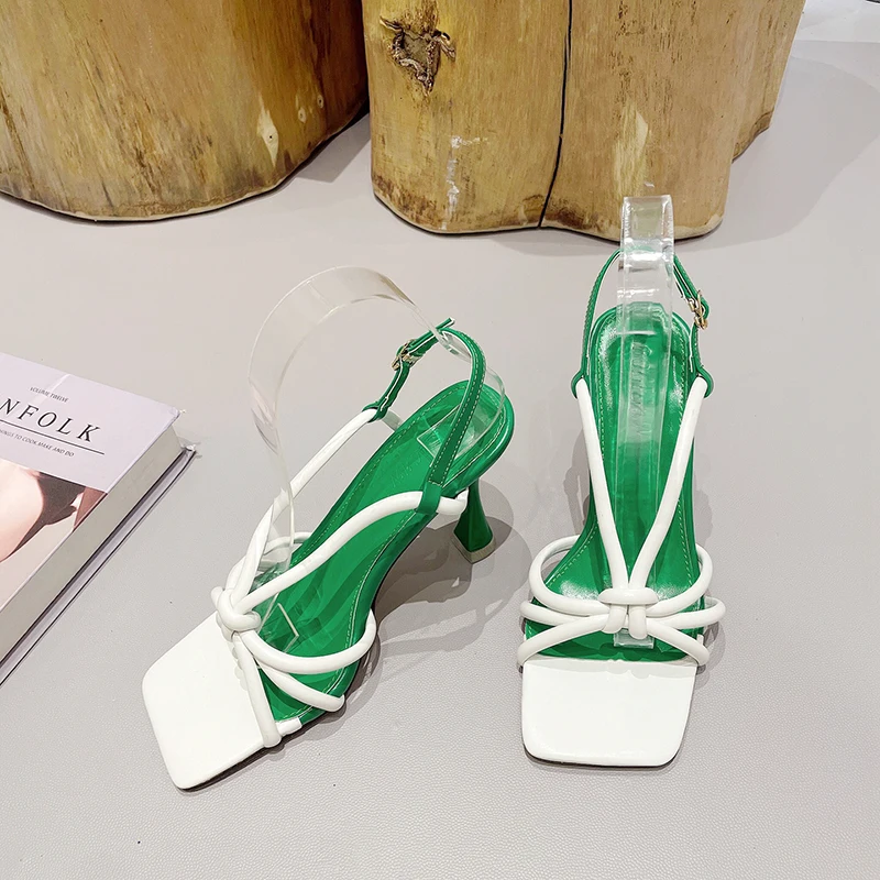 

ZOOKERLIN Square Toe Mixed Color Women's Sandals Narrowband Hollow Buckle Slingback Summer Simple Elegant Dress Shoes High Heels