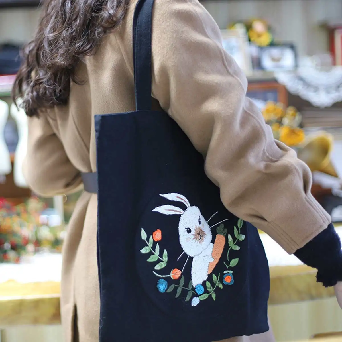 Unfinished Embroidery Kit Rabbit Bunny Pattern Shoulder Shopping Bag Tote Handwork Sewing Cross Stitch Set Tools Material Pack