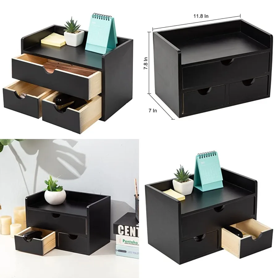 

Black Bamboo Desk Organizer Wooden Storage Cabinet 3 Drawers with Shelf Tabletop Organization Box Home Office Workspace Bathroo