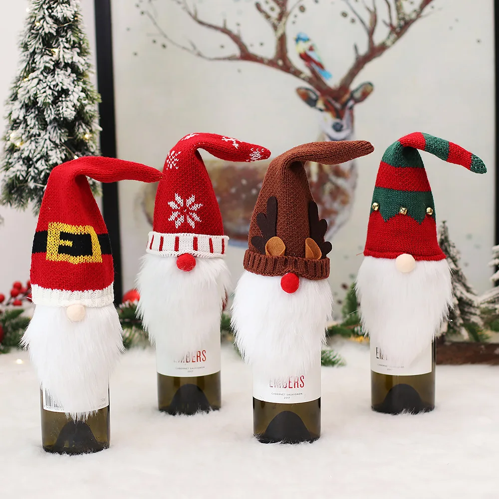 Christmas Decoration Wine Bottle Cover Cartoon Forester Rudolf Faceless Doll Wine Bottle Bag Xmas New Year Dinner Table Decor