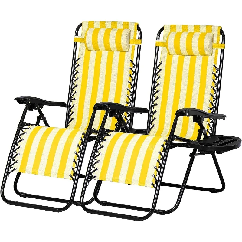 

Set of 2 Relaxing Recliners Patio Chairs Adjustable Steel Mesh Zero Gravity Lounge Chair Beach Chairs with Pillow and Cup Holder
