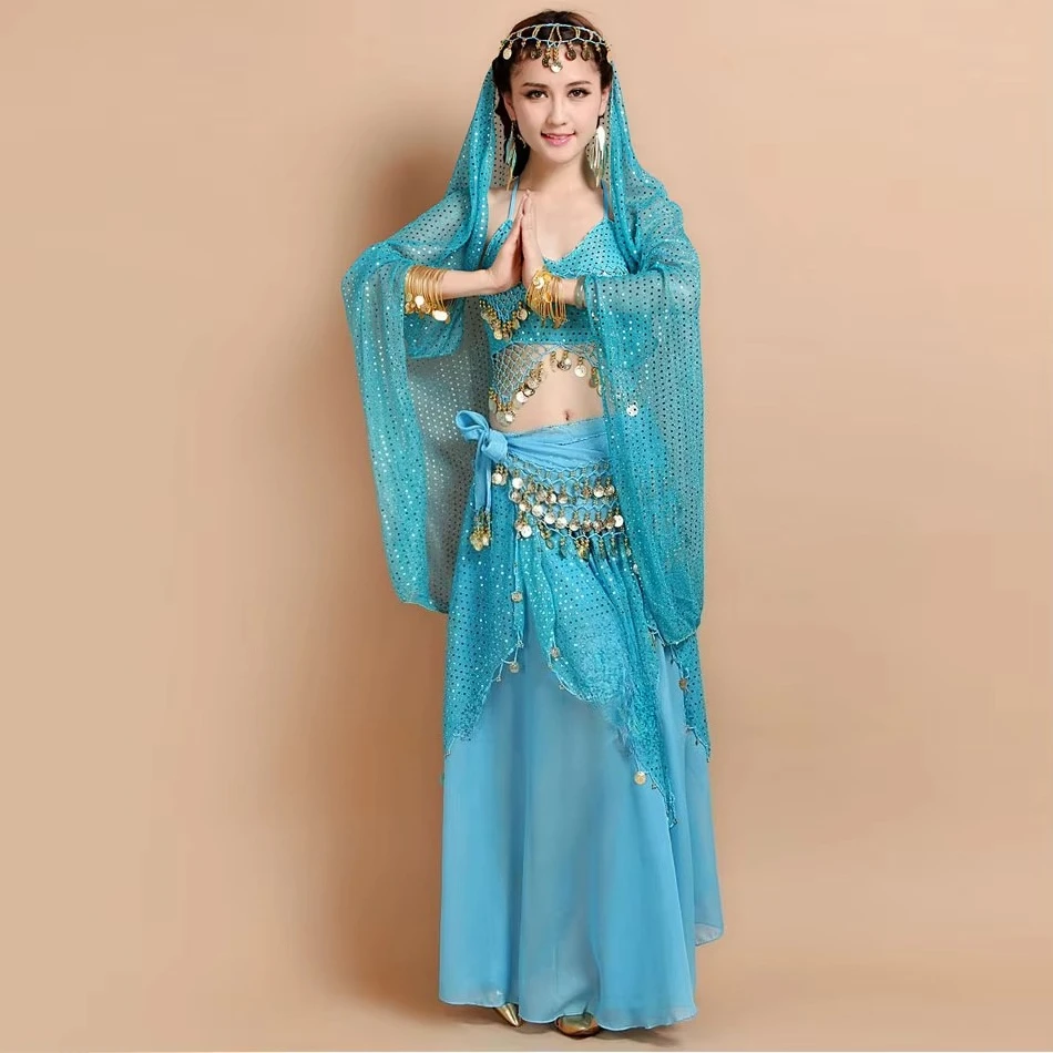 

Adult Belly Dance Costume Set Chiffon Coin Long Sleeves Top And Skirt Indian Dance Wear Suit For Women Purple Dancing Clothes