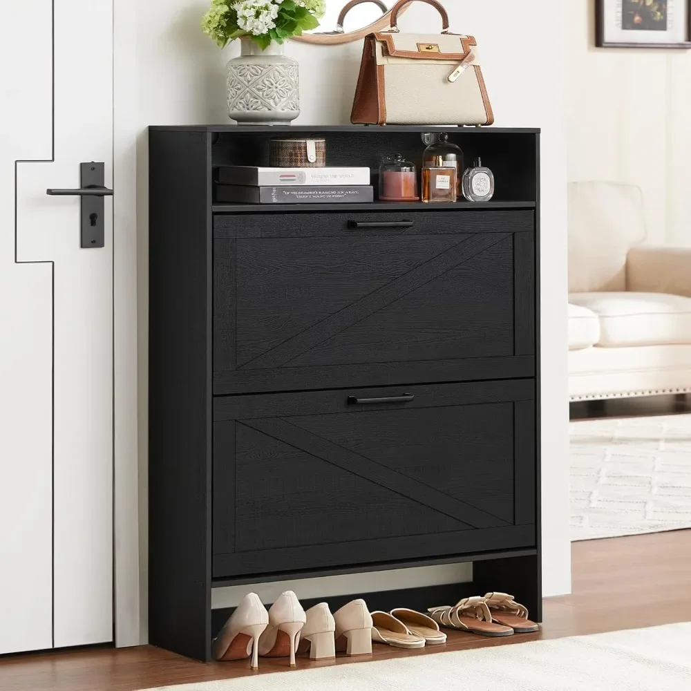 

Shoe Storage Cabinet with Drawers,Farmhouse Narrow Shoe Organizer with Legs,Freestanding Hidden Slim Shoe Rack Cabinet