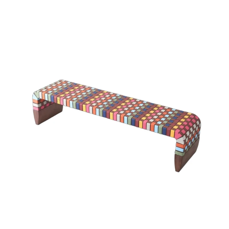 Italian light luxury minimalist saddle leather woven footbench bench, long bench, adult home bedroom, solid wood