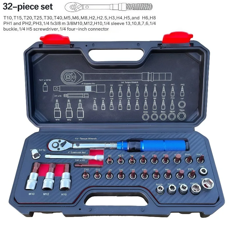 32-Piece Set of 1/4 Torque Wrench, Mountain Bike Preset Torque Wrench Adjustable High Precision Repair Kit