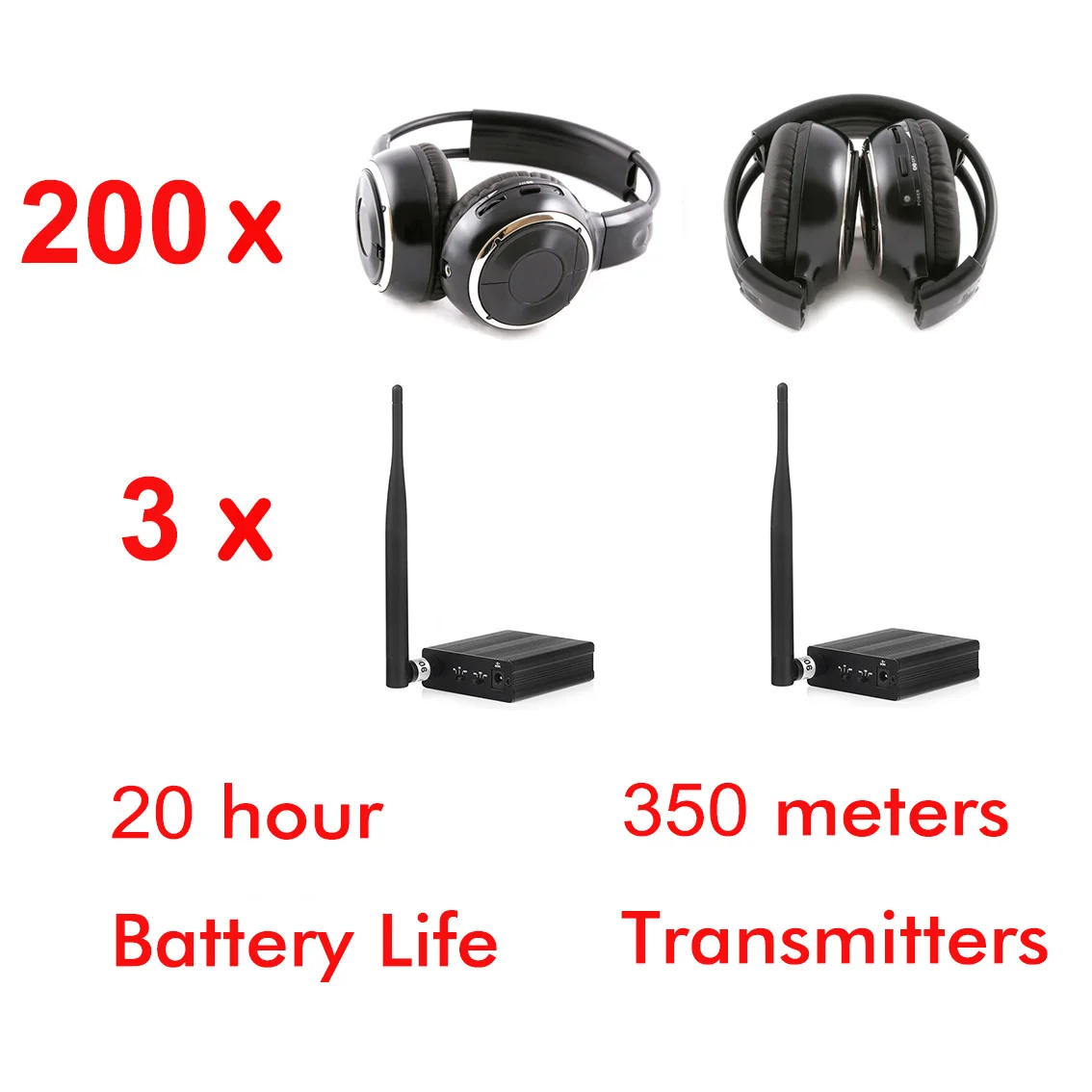 3 Channels Silent Disco Foldable Wireless Headphones 200 PCS Package With Transmitters 500m Distance