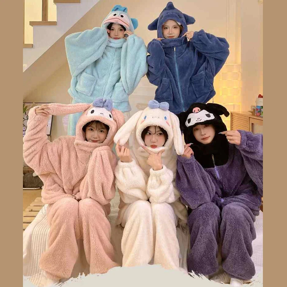 Sanrio Kawaii Kuromi Cinnamoroll Plush Pajamas Suit Anime My Melody Thickened Women Nightgown Winter Warm Homewear Tops Pants