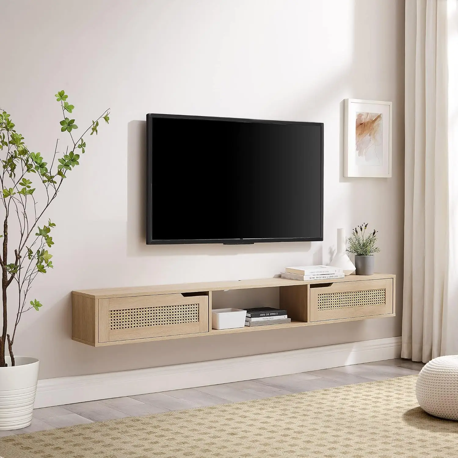 Modern Rattan Flip-Down-Door Wall-Mounted Floating TV Stand for 80 Inch TV, 70 Inch, Coastal Oak, Customized