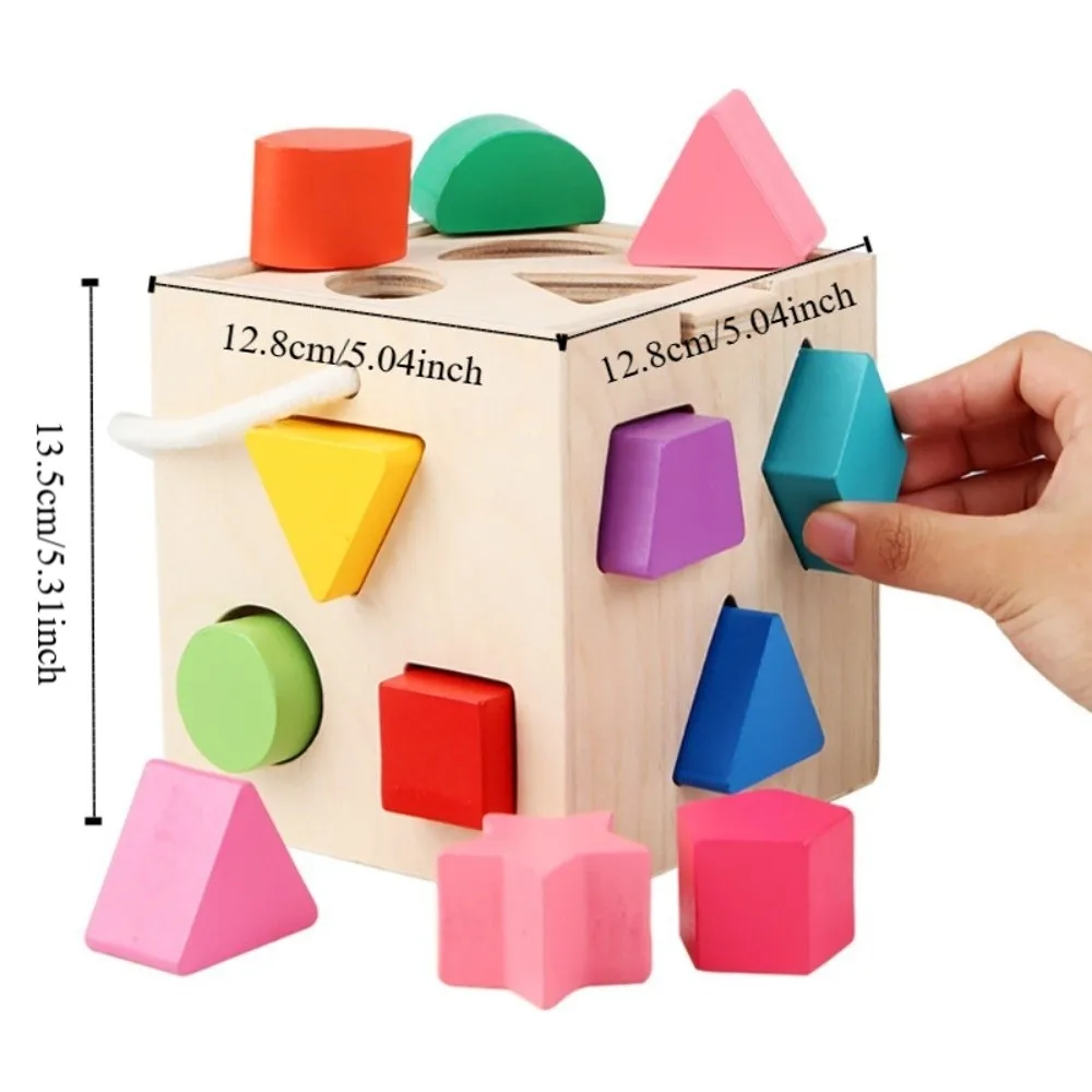 Sviluppo delle abilità dei bambini Selezionatore di forme Montessori in legno Scatola quadrata Giocattolo di smistamento di forme colorate Blocchi di costruzione a 13 fori per bambini