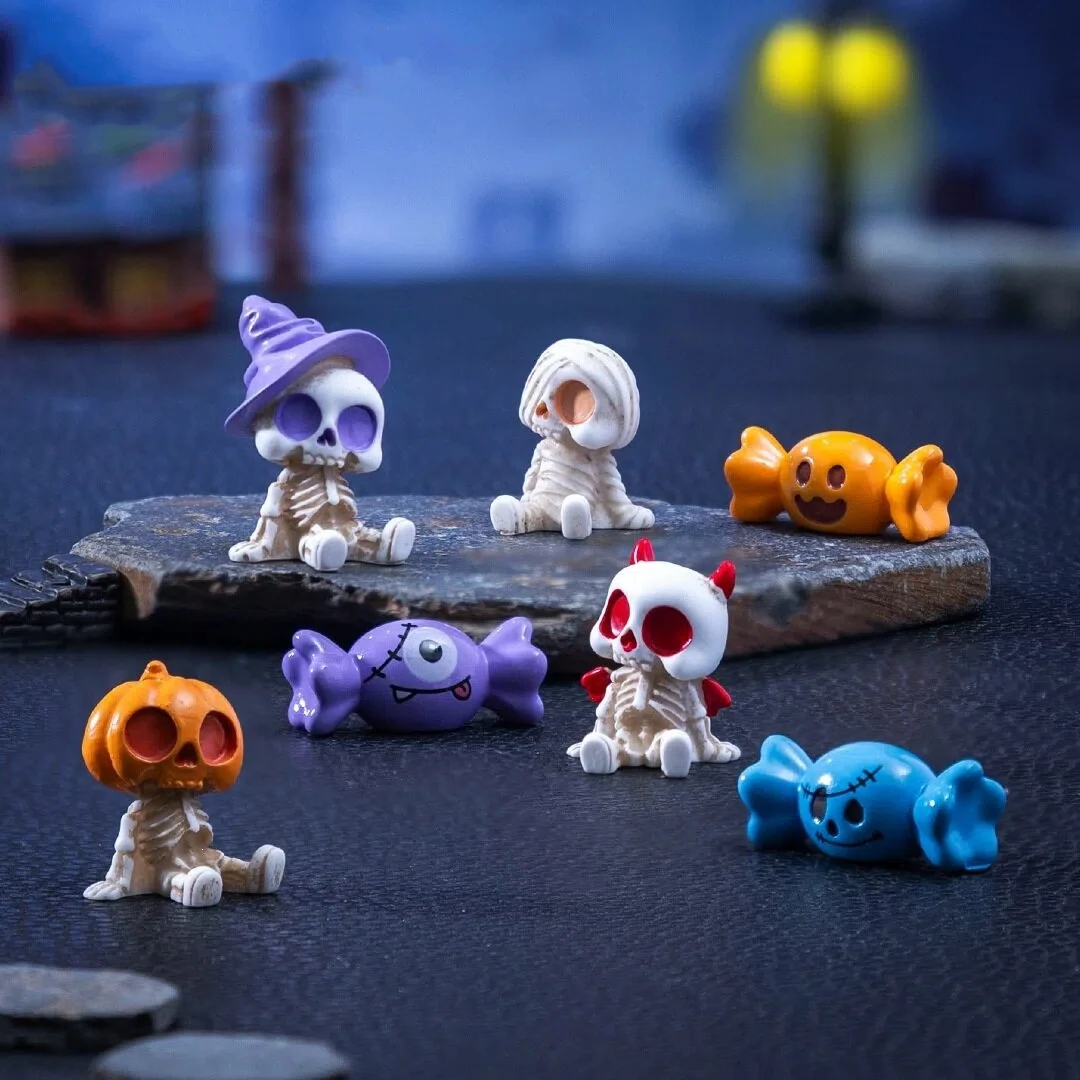 Halloween Miniatur-Harzfiguren: Kürbis, Geist, Süßigkeiten, Skelett-Statue, Deko-Ornament, Party-Favoriten-Füller, Heim- und Schreibtischdekoration