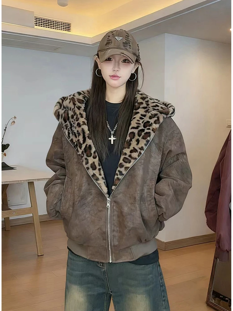 American Style Double-Sided Wear Mountain Eagle Leopard Print Jacket Men Women Winter Thickened Fleece Hooded Cotton Coat