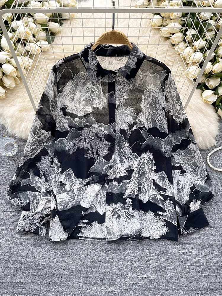 Spring Autumn Temperament Fashion Retro Chiffon Floral Blouses Print Loose Lapel Puff Sleeve Top Button Up Shirt Female A69