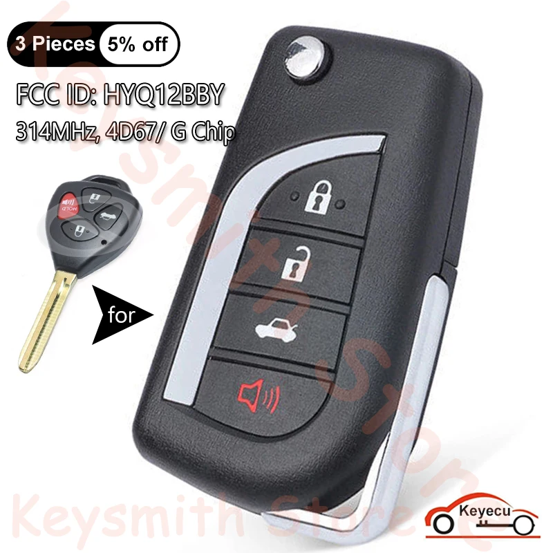 

KEYECU 4 Btns 314.3MHz G 4D67 Chip for Toyota Camry Avalon Corolla Matrix RAV4 Venza Yaris Upgraded Flip Remote Key Fob HYQ12BBY