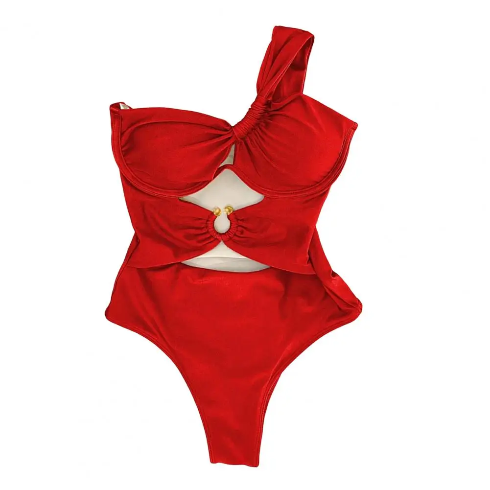 ชุดว่ายน้ําชิ้นเดียวมีสไตล์ชุดว่ายน้ํา Monokini ไหล่เดียวพร้อมหัวเข็มขัดโลหะเบาะเหล็กสนับสนุนรูปตัว S เซ็กซี่สําหรับผู้หญิง
