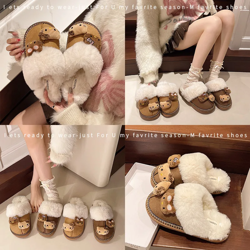 Hello Kitty Plush Slippers Sanrio Anime Y2k Women Cotton Slipper Cute Warm Home Shoes Outdoors Thick Soled Shoes Girls Gift