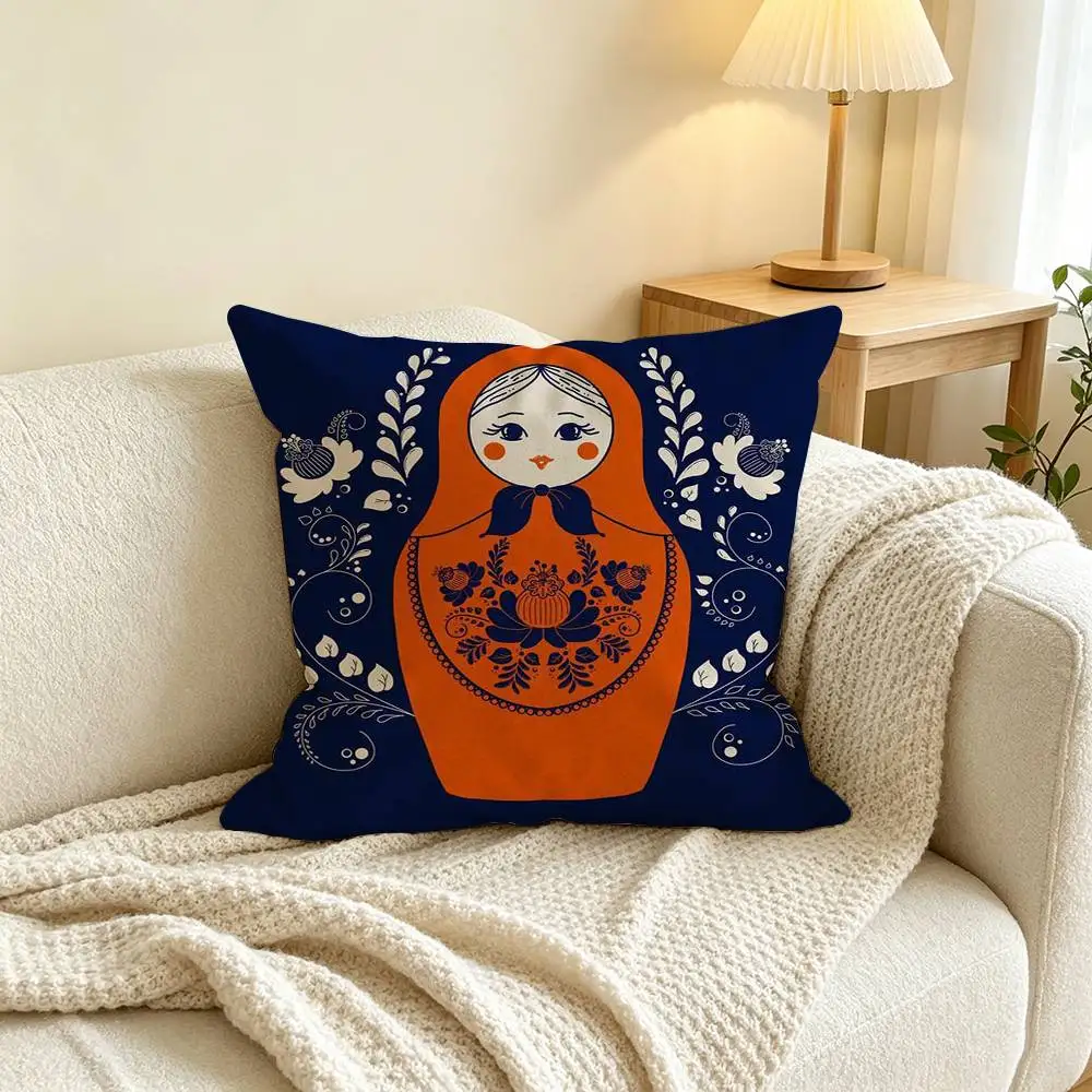 Cute R-Russian Doll Matryoshka  Pillow Case Square Double-Sided Sofa Cushion Cover Bedroom Bedside Pillow
