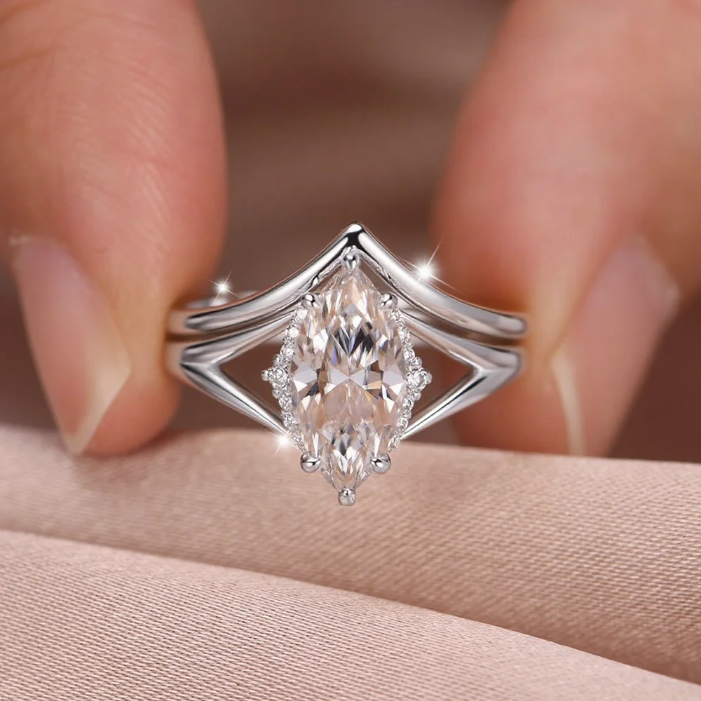 COSYA 2CT Marquise Cut Moissanite Ring Set D Color Lab Diamond Wedding Combination Band 100% S925 Silver 18K Gold Fine Jewelry